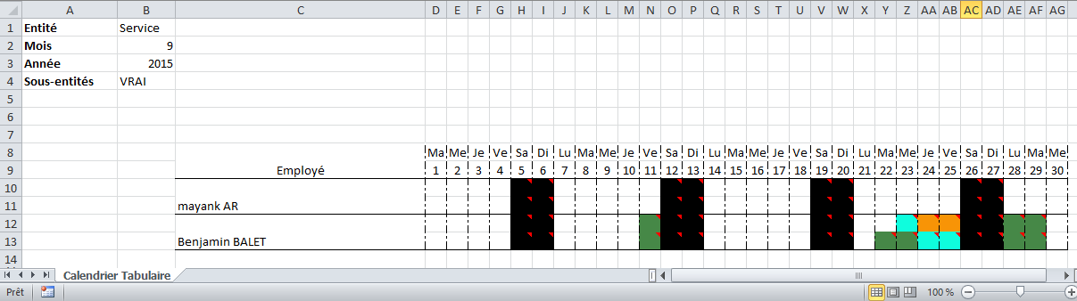 Exemple d'export du calendier mensuel tabulaire sous Excel